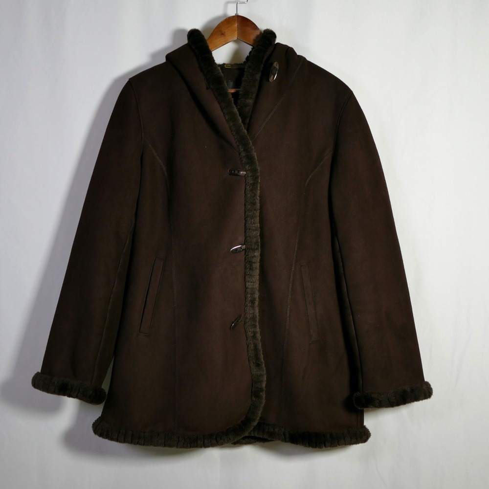 Jones New York Y2K Faux Suede Penny Lane Coat Size L Brown Lined Toggles Bratz